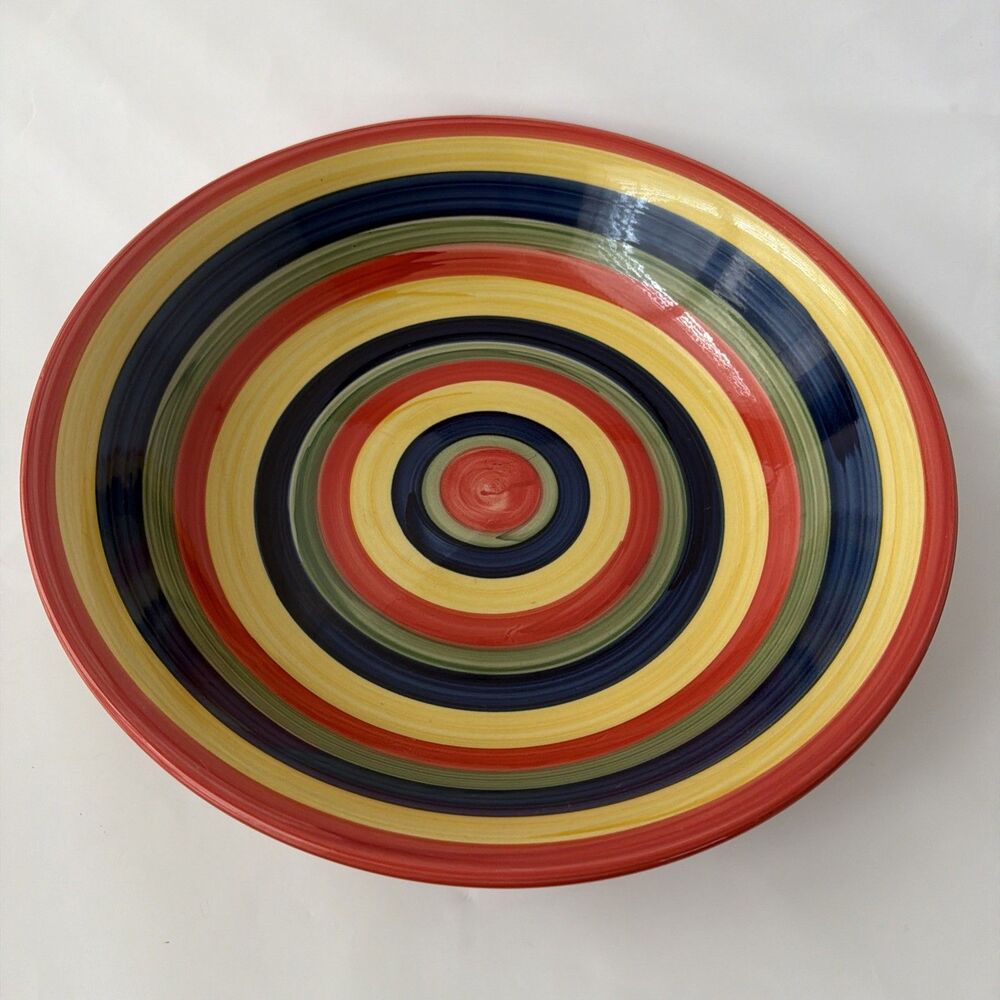 Swirl Hand Painted Stoneware Pasta Bowl Multicolor Rings Dishw/ Micro Safe 12”